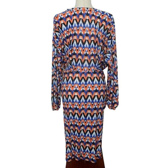 ZARA Wrap Dress Women’s Sz Small Oversized Blue Orange Geo Print Sheath Modern - Picture 2 of 6